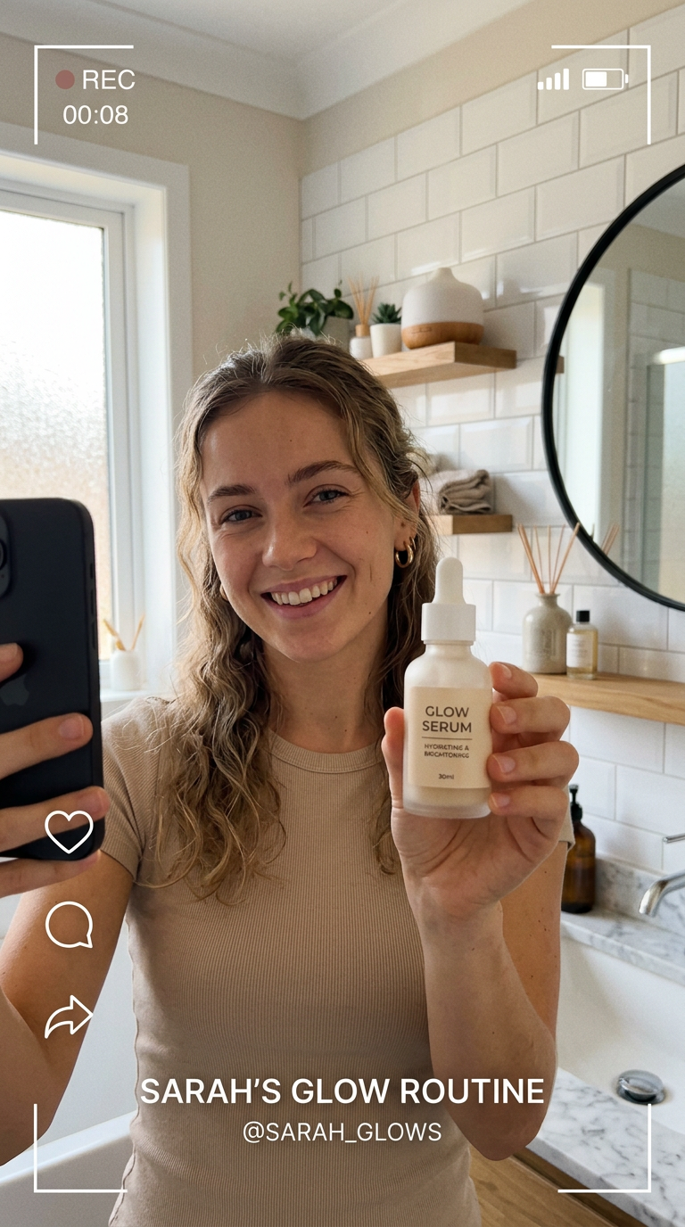 Creator-style UGC video frame of a woman holding a skincare serum