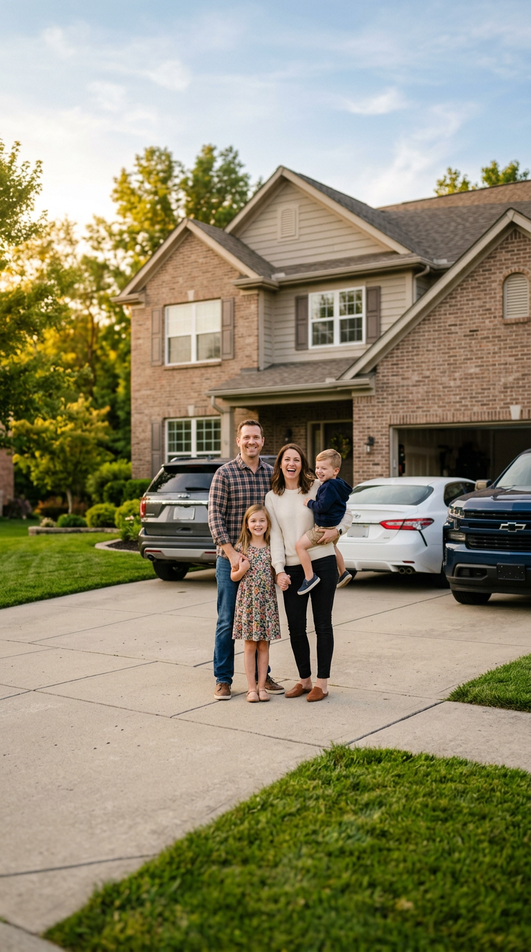 Family standing in front of their house with an SUV, sedan and pickup truck parked in the driveway